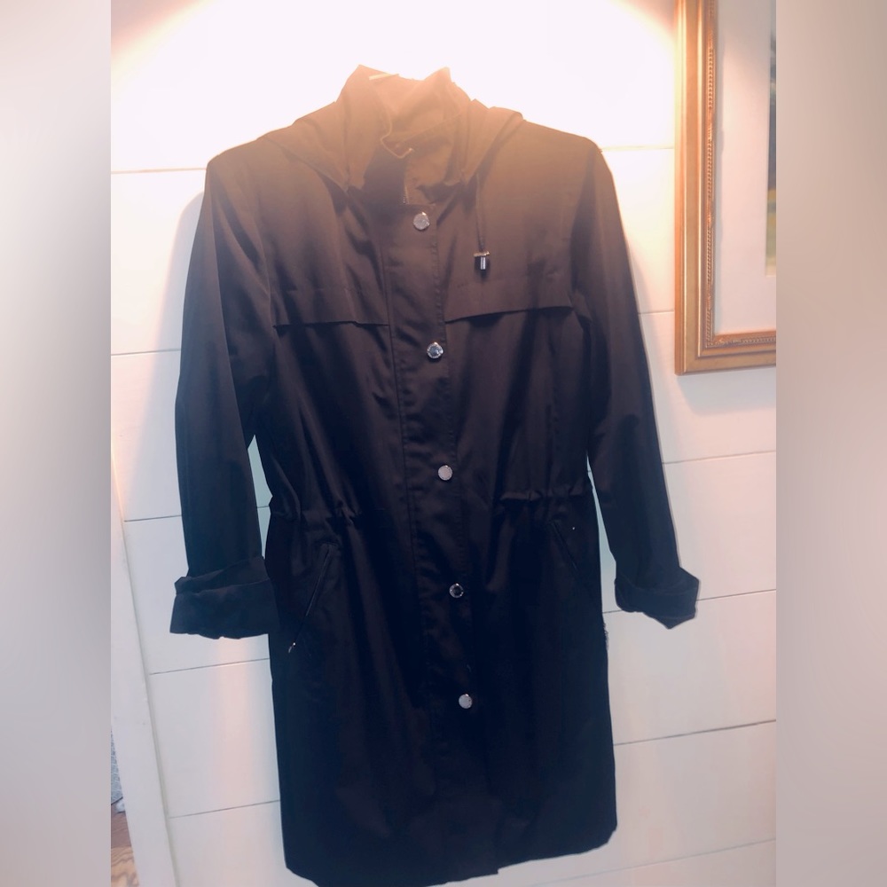 London Fog trench coat, button down, with hood, black, great condition, unworn.